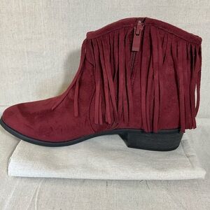 Fringe ankle boots- Boho Western Boots —Burgundy Faux Suede by RENEEZE—9
